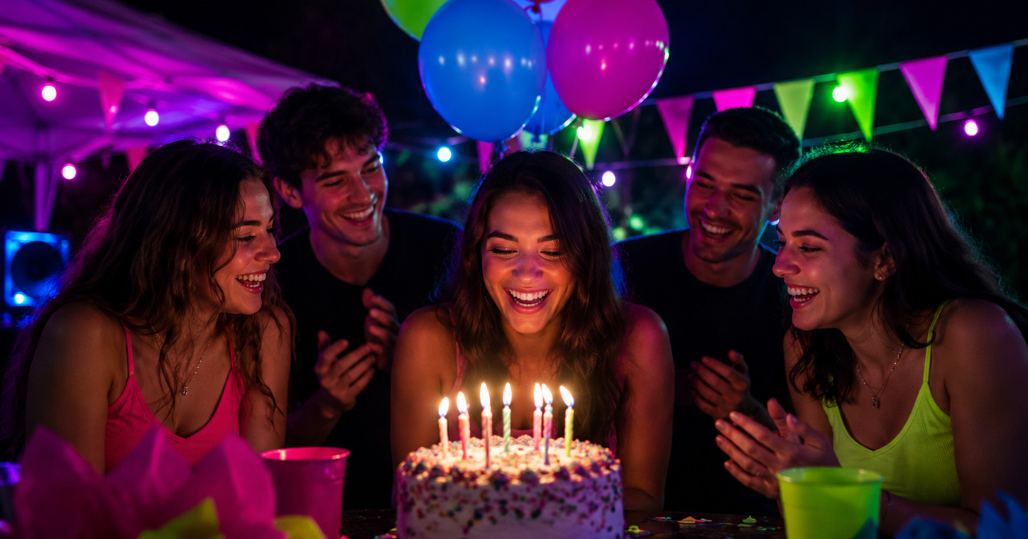 Birthday party with music, lights, and guests celebrating