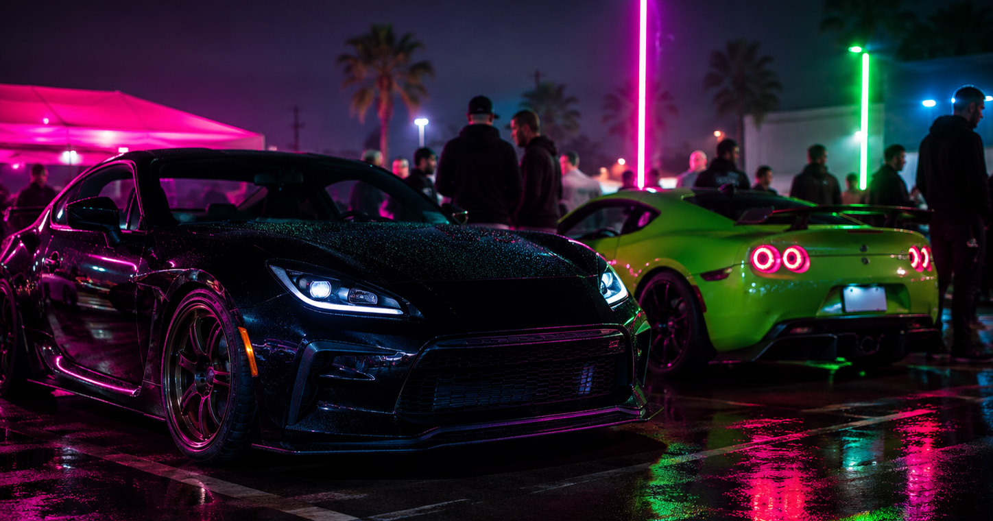 Car show event with music and neon lighting