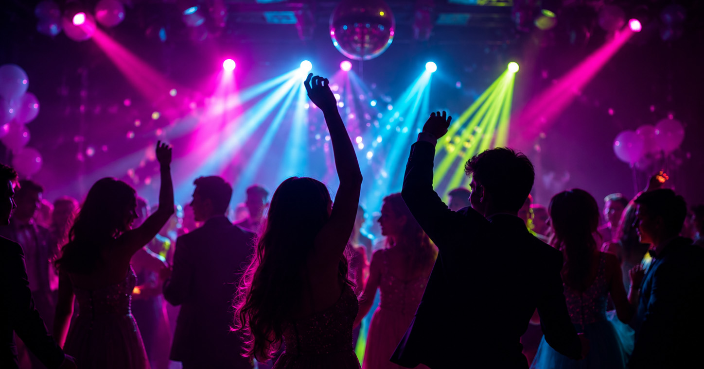 School dance with colorful party lighting