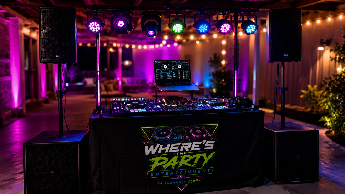 Mobile DJ booth setup with speakers and party lights