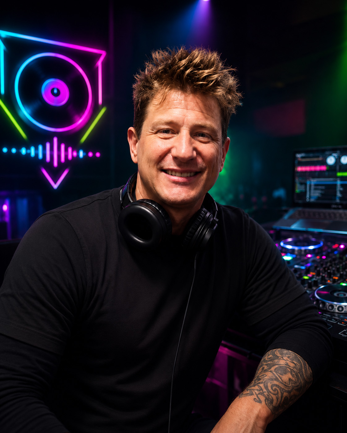 DJ Goodnite Johnny with headphones and neon DJ lighting