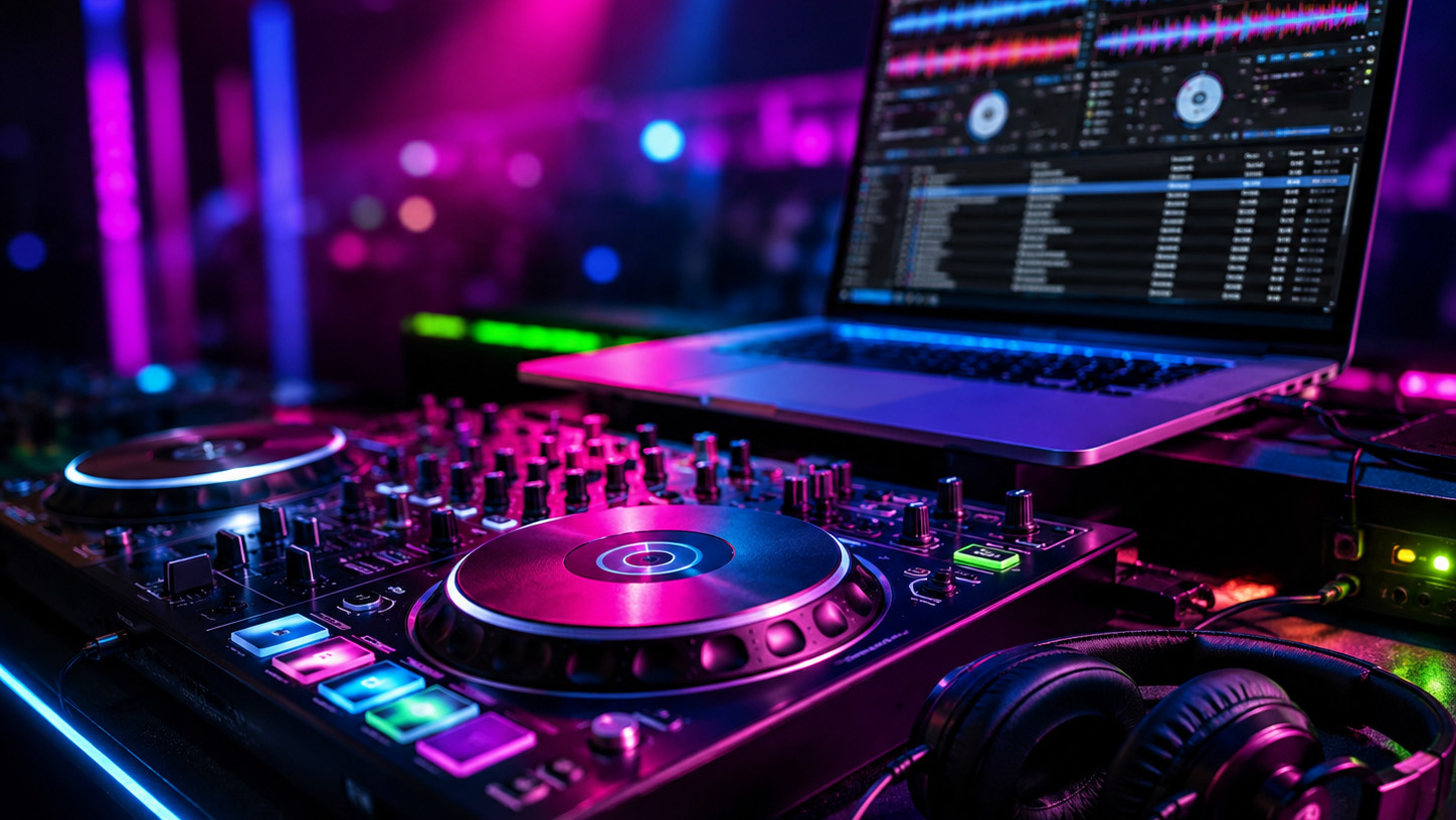 DJ controller and laptop setup for party music