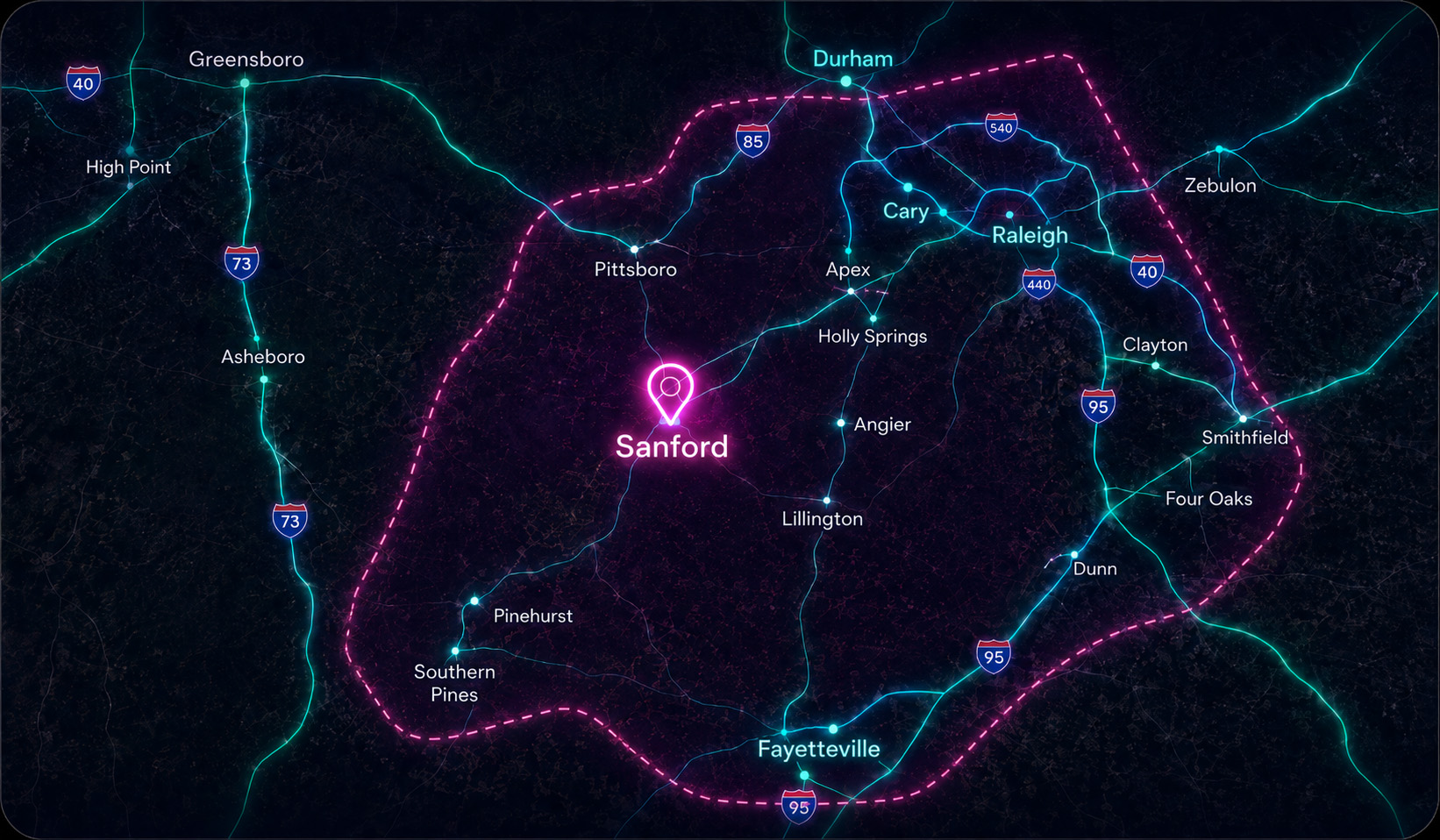 Sanford NC DJ service area map covering Lee County, Triangle, Fayetteville, Dunn, Cary, Raleigh, and nearby towns
